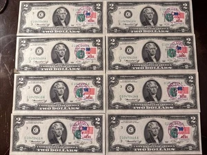 (8) 1976 Consecutive Serial Numbered $2 Bills with First Day Stamps Crisp - Picture 1 of 10