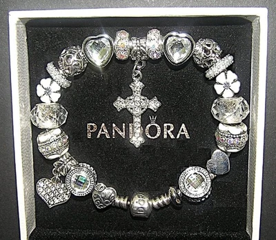 AUTHENTIC Pandora Bracelet With Love's Embrace Cross, White European Charms, Box - Image 1 of 4
