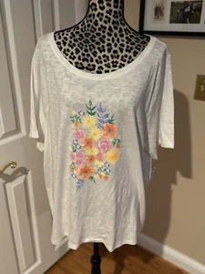 Talbots T-Shirt Floral Bouquet Cotton Blend Plus White Short Sleeve Sz 3X New G4 - Picture 1 of 7