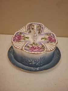 Vintage Limoges China Two-Piece Covered Cheese Keeper/Butter Dome Blue Floral - Picture 1 of 10