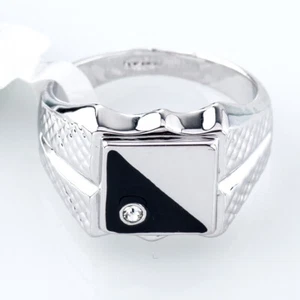 R3172 Men's Black Glaze Enamel Signet Ring 18KGP Rhinestone Size P1/2 - W1/2 - Picture 1 of 5