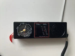 miniature travellers alarm clock radio vintage retro 80s black - working - Picture 1 of 8