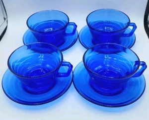 Hazel Atlas Cobalt Moderntone Depression Art Deco Cups And Saucers Set of 4 Vtg - Picture 1 of 11