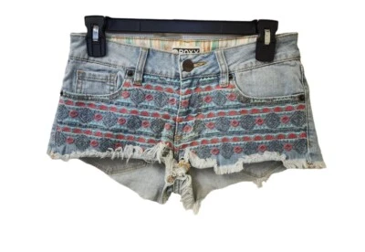 Roxy Embroidered Tribal Jean Shorts Size 5 Pink Blue Low Rise Raw Hem - Image 1 of 4