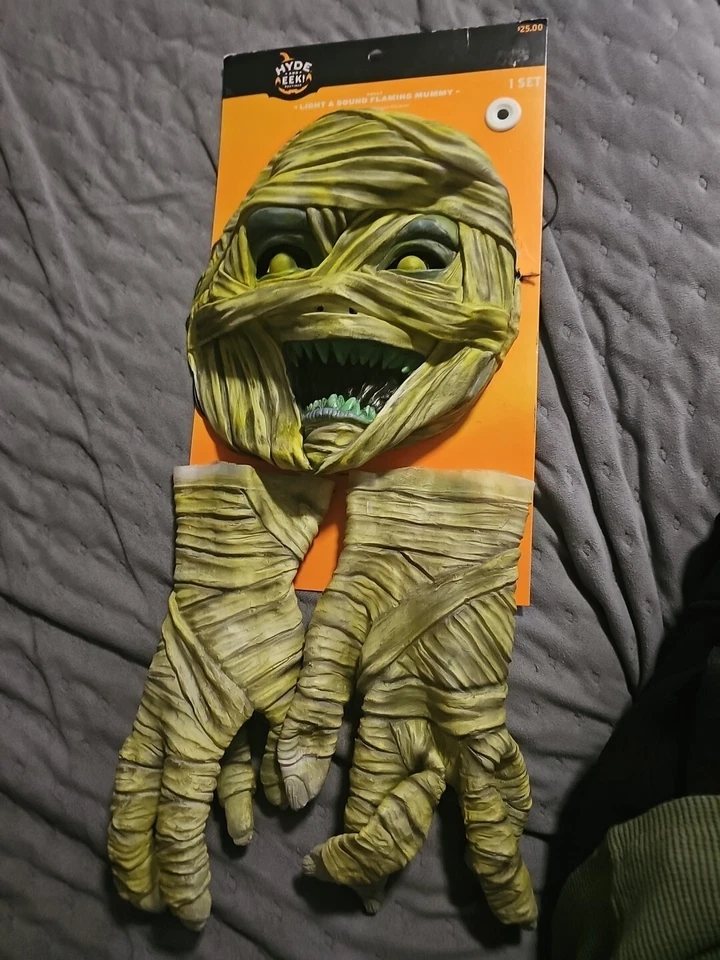 Children's/Adult Mask w/ Hands Vinyl Mummy Costume With Light Up Eyes. - Image 1 of 1