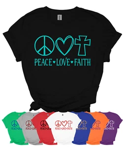 Girl’s & Women’s Christian “PEACE LOVE FAITH” T-Shirt in Unisex sizes, Gildan - Picture 1 of 20
