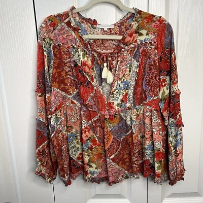 Olivaceous Red Patchwork Print Flowy Blouse Small Cut Out Collar Tasseled Top L - Image 1 of 4