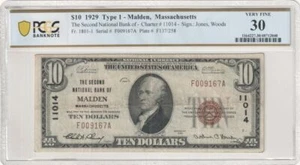 1929 $10 National Bank of Malden Mass. - PCGS VF30 Serial # 009167 - Picture 1 of 2