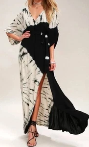 Lulus Kimono Maxikleid Gr. M Needed Me schwarz Batik Seitenschlitz fließend Boho - Bild 1 von 12