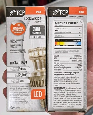 QTY. 2 — TCP Dimmabable Candelabra LED Bulbs, LDCT3WH30K, 90 Lumens, 25,000 Hr. - Image 1 of 2