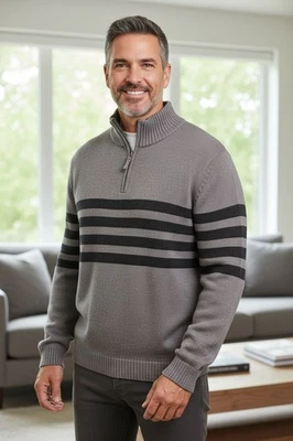 Tahari 1/4 Zip Pullover Sweater Men's Sz XL Grey Heather Striped Sporty Preppy  Foto 1 de 4