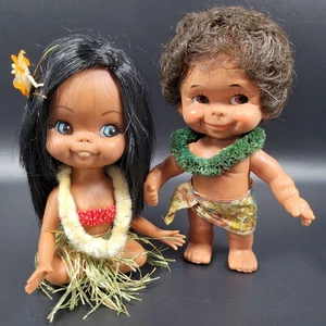 RARE 1960s Shiba Japan Vinyl Hawaiian Hula Dolls Girl & Boy Complete Tiki MCM - Picture 1 of 10