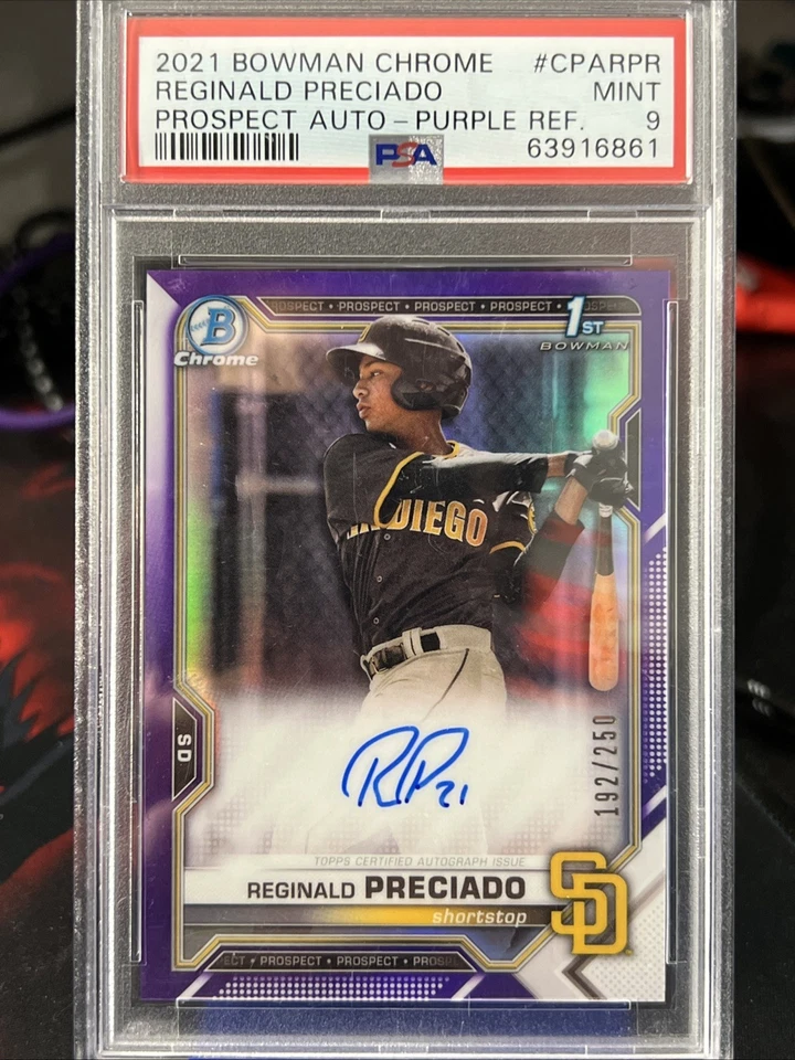 2021 Bowman Chrome Prospect Auto Reginald Preciado Purple Refractor /250 PSA 9 - Image 1 of 2