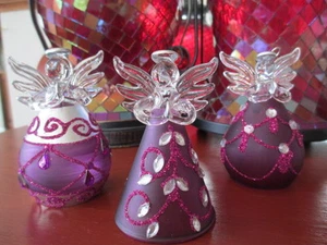 ADORNOS DE ÁNGEL DE VIDRIO CON JOYAS ~ ~ JUEGO DE 3 PÚRPURA #4132 - Imagen 1 de 9