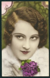 French 1920s Charming Art DECO Era BEAUTY Hand Tinted RPPC Close-Up Portrait - Picture 1 of 1