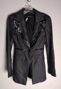 Chaqueta Blazer Larga BEBE Gris Negro Encaje Plateado Brillante Botón Único Talla 4 - Imagen 1 de 4
