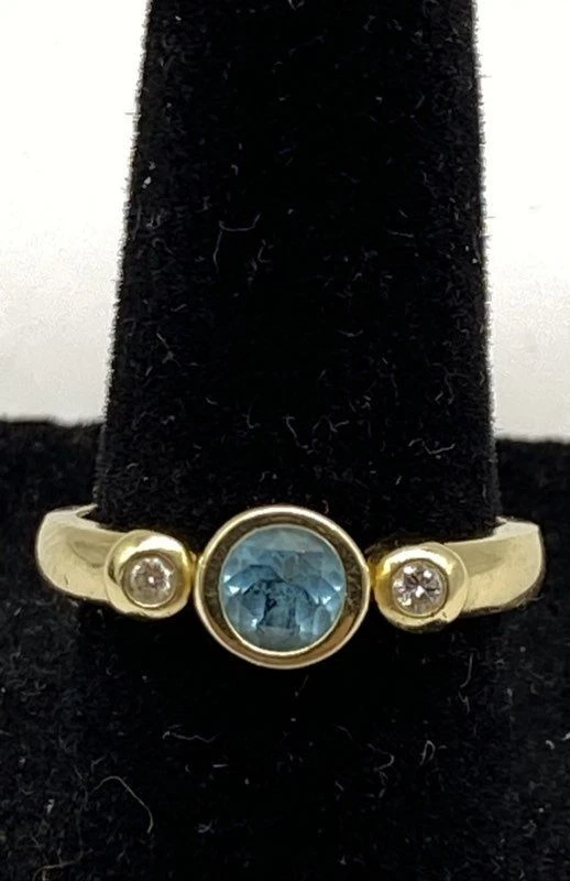 Anillo BZ oro amarillo 14k diamantes y aguamarina talla 6 1/2 4,2 g Foto 1 de 4