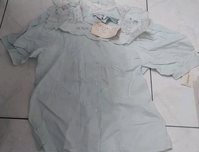 NWT 80's VTG Ladies Cottagecore Button Up Blouse Blue Sz. 8 Crochet Lace Collar - Image 1 of 4