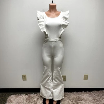 Macacão Flying Tomatoes branco denim elástico babado costas abertas perna alargada médio  - Imagem 1 de 4