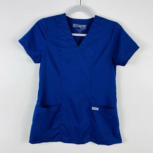 Grey's Anatomy Women's Size XS Two Pocket Mock Wrap Scrub Top Navy Blue 41101 - Picture 1 of 3