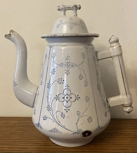 Antike französische blaue Sachsen Blau Saks Emaillegeschirr Kaffeekanne Teekanne - Bild 1 von 11