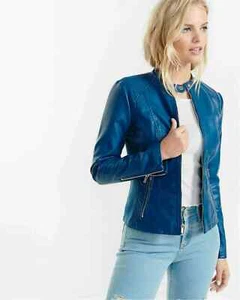 Chaqueta azul para mujer 100 % piel de cordero suave real estilo motocicleta chaqueta - Imagen 1 de 6