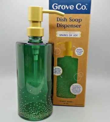 Grove Co Sparks of Joy Dish Soap Glass Dispenser Green & Gold 16 oz ~ NIB - Image 1 of 4
