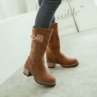 Women Block Heel Winter Snow Riding Casual Shoes Suede Mid Calf Boots Size 34-43