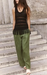 ZARA Khaki 100% Linen Trousers. M UK 12 W31 L28 Front Darts. High Waist Wide Leg - Picture 1 of 10
