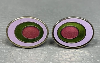 Gemelos chapados en oro amarillo ojo de buey esmalte verde lila vintage Foto 1 de 3
