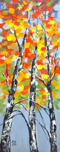 Birken Bäume Herbst Original Acryl Gemälde Wandbild Wanddeko Leinwand 8x20 Zoll - Bild 1 von 1