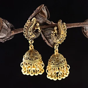 22K Gold Indian Bollywood Party Plated Peacock Wedding Bohemia Earrings Jewelry - Picture 1 of 12