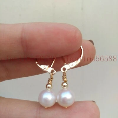 Timeless White AAA+ Akoya Round Real Pearl Lever Back Earrings 14k Gold P Daily - Image 1 of 4