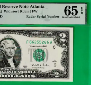 1995 $2 Federal Reserve note RADAR Serial Numbers 66-2552-66 PMG 65 - Picture 1 of 3