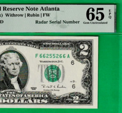 1995  $2  Federal Reserve note RADAR Serial Numbers 66-2552-66  PMG 65 - Image 1 of 3