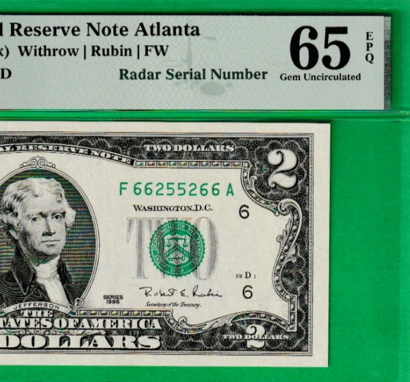 1995  $2  Federal Reserve note RADAR Serial Numbers 66-2552-66  PMG 65 - Image 1 of 3