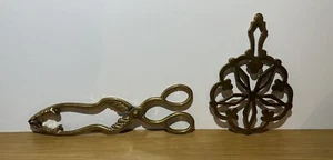 Vintage Brass Fire Tongs 10” & Brass Trivet Pan Stand , Fireplace Bundle - Picture 1 of 19