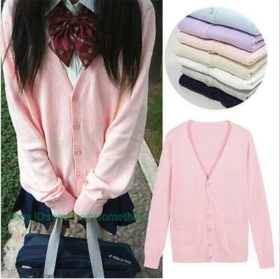 Casaco feminino uniforme escolar malha suéter cardigã manga longa gola V japonês - Imagem 1 de 4