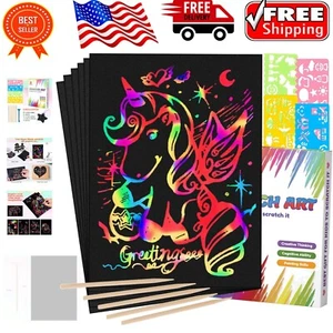 Rainbow Scratch Art Set - 60 Scratch Papers, Stencils & Wooden Tools for Kids - Picture 1 of 10