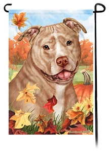 Gartenfahne fallende Blätter - unbeschnitten cremefarbener und weißer Pitbull - Bild 1 von 1