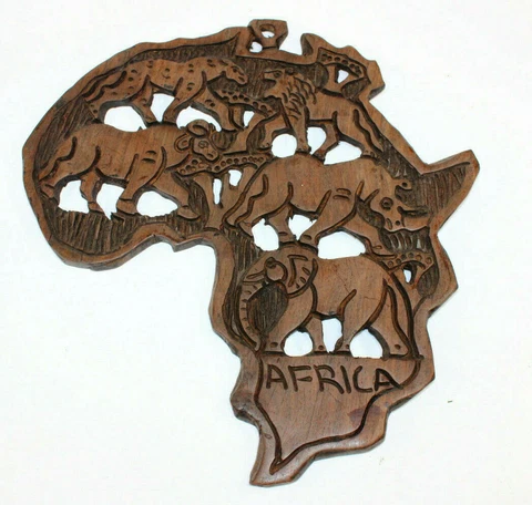 Africa African Wood Wooden Wall Hanging Plaque Shaped Continent Vintage 12" x 13 Cover