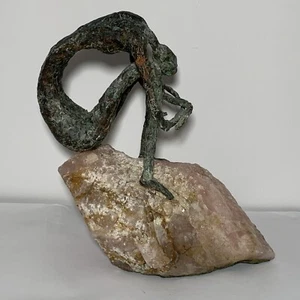 Handmade Copper Figure Woman Sitting on Large Rose Quartz Love Rock Sad Heart - Picture 1 of 12