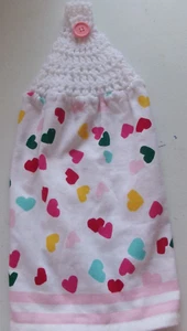 Asciugamano cucina BIANCO all'uncinetto San Valentino CUORI COLORATI stampa cotone - Foto 1 di 2