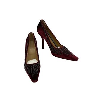 Gucci Woven Smooth Velvet High Heels Size 40 US 10 Garnet Beads Pointy Toe *READ