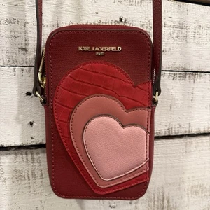 Karl Lagerfeld Paris Maybelle Heart Zipped Phone Crossbody Bag In Red - Picture 1 of 9