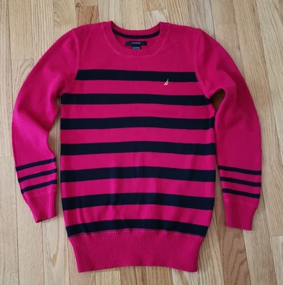 VTG Y2K Girl Nautica Sweater Pink Striped Pullover Crew neck Cotton Ribbed Waist - Image 1 of 4