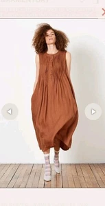 7115 by Szeki Plissee Midi Leinen Kleid braun rost ärmellos Gr. Large fließend - Bild 1 von 15