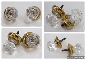 2 Antique Glass Crystal Cupboard Door Knob Pull Handle Brass Old Vintage Stock - Picture 1 of 14
