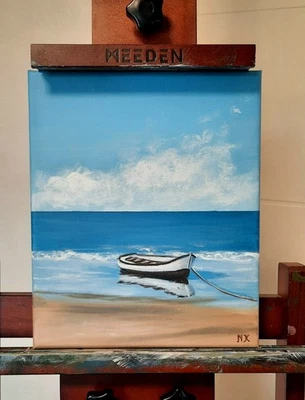 Meereslandschaft Boot Küstenmalerei, blauer Ozean ruhiger Strand nautische Bild - Bild 1 von 4