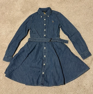 Polo Ralph Lauren Niñas Camisa Vestido Cinturón Denim Cuello Abotonado, Talla 10 Foto 1 de 4